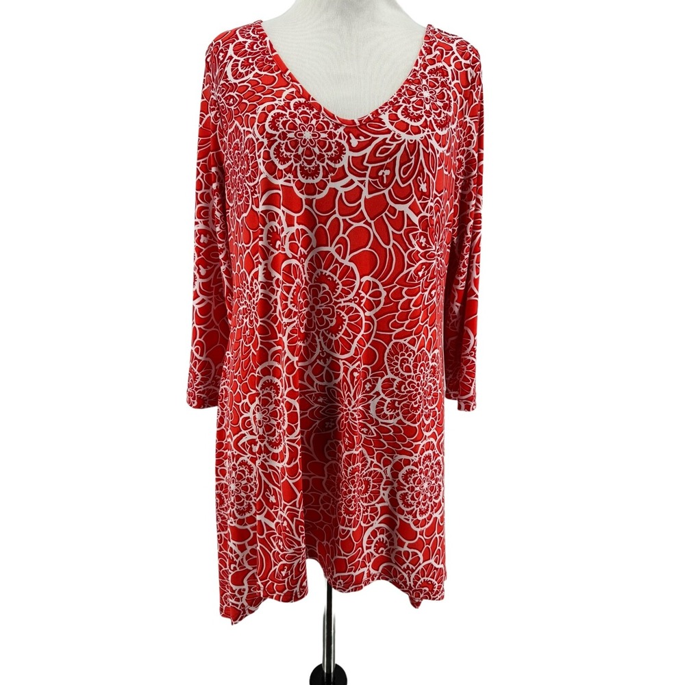 Clara Sun Woo Coral Floral Asymmetrical Hem 3/4 Sleeve Tunic Blouse Size Medium
